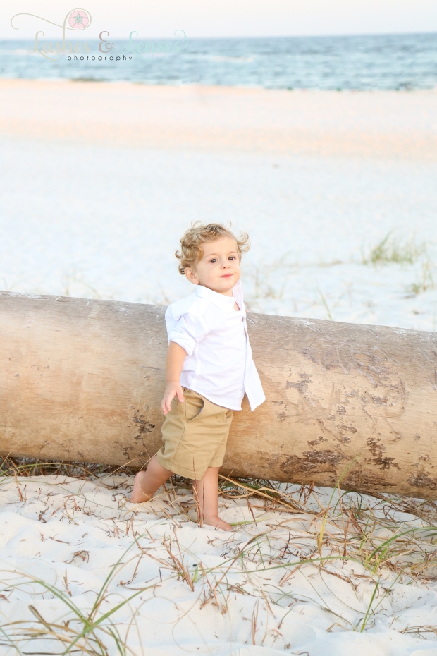 Little boy standing by washed up palm tree on the beach at Johnsons Beach in Perdido Key