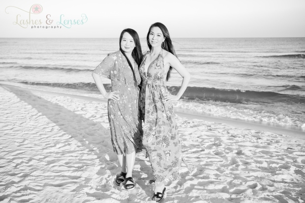 Black and White photo of Aunt and Adult Niece next to the water at Johnsons Beach in Perdido Key